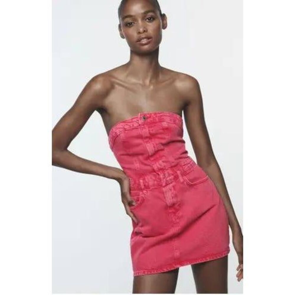 Zara pink denim mini dress strapless XS New